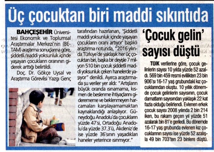 ÜÇ ÇOCUKTAN BİRİ MADDİ SIKINTIDA