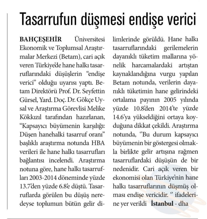 TASARRUFUN DÜŞMESİ ENDİŞE VERİCİ